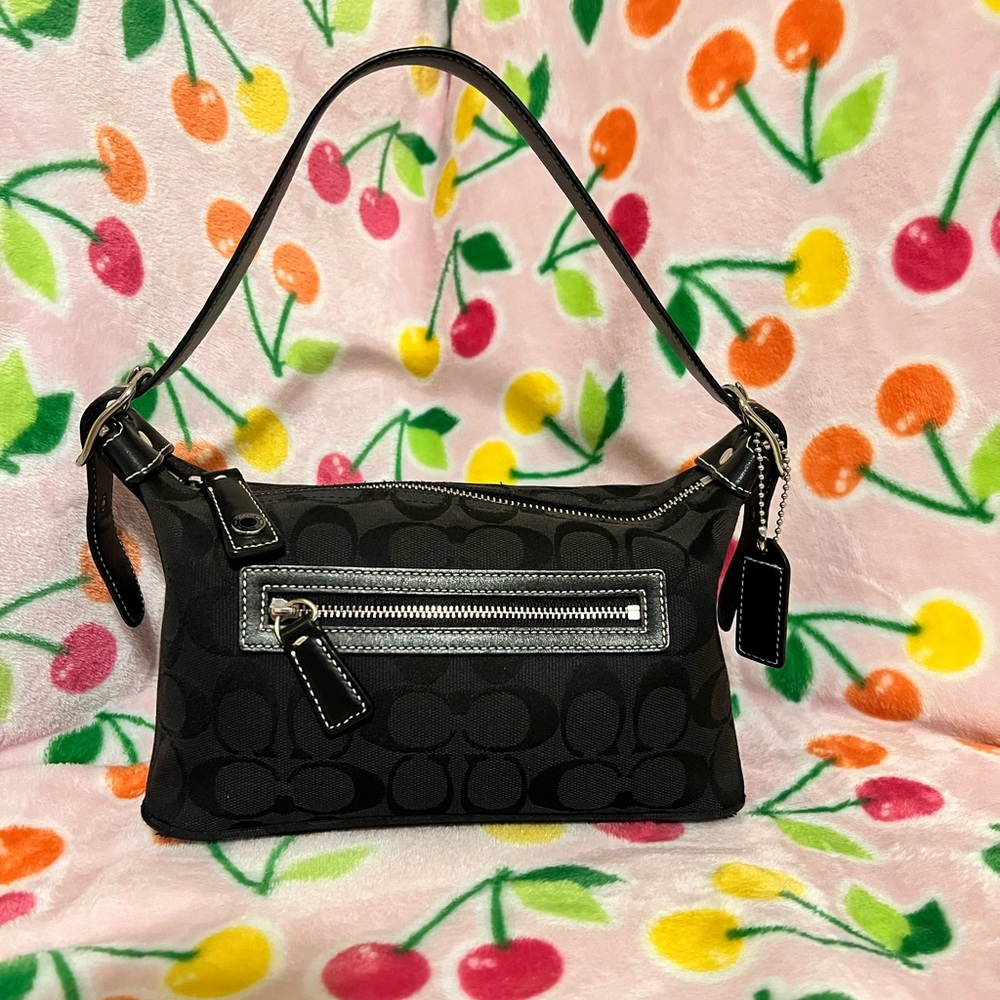 Coach Black Signature Canvas Shoulder Bag with Silver Hardware